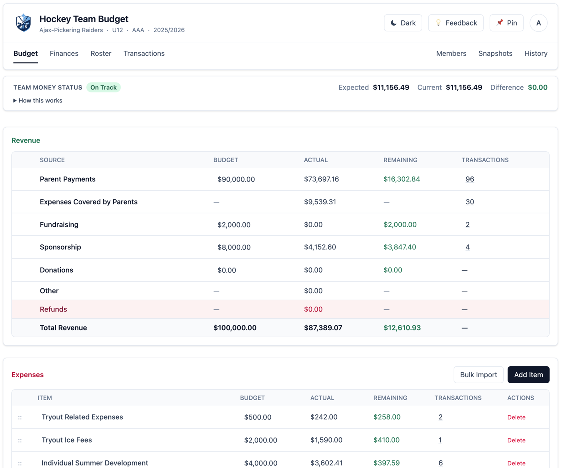 Budget screen showing team finances and category totals