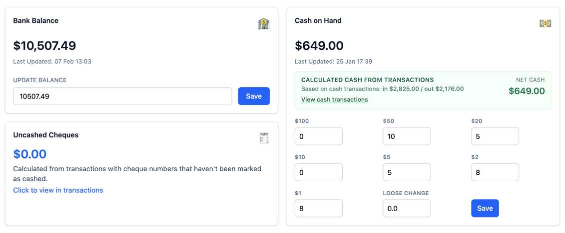 Finances view with bank balance cash on hand and uncashed cheques