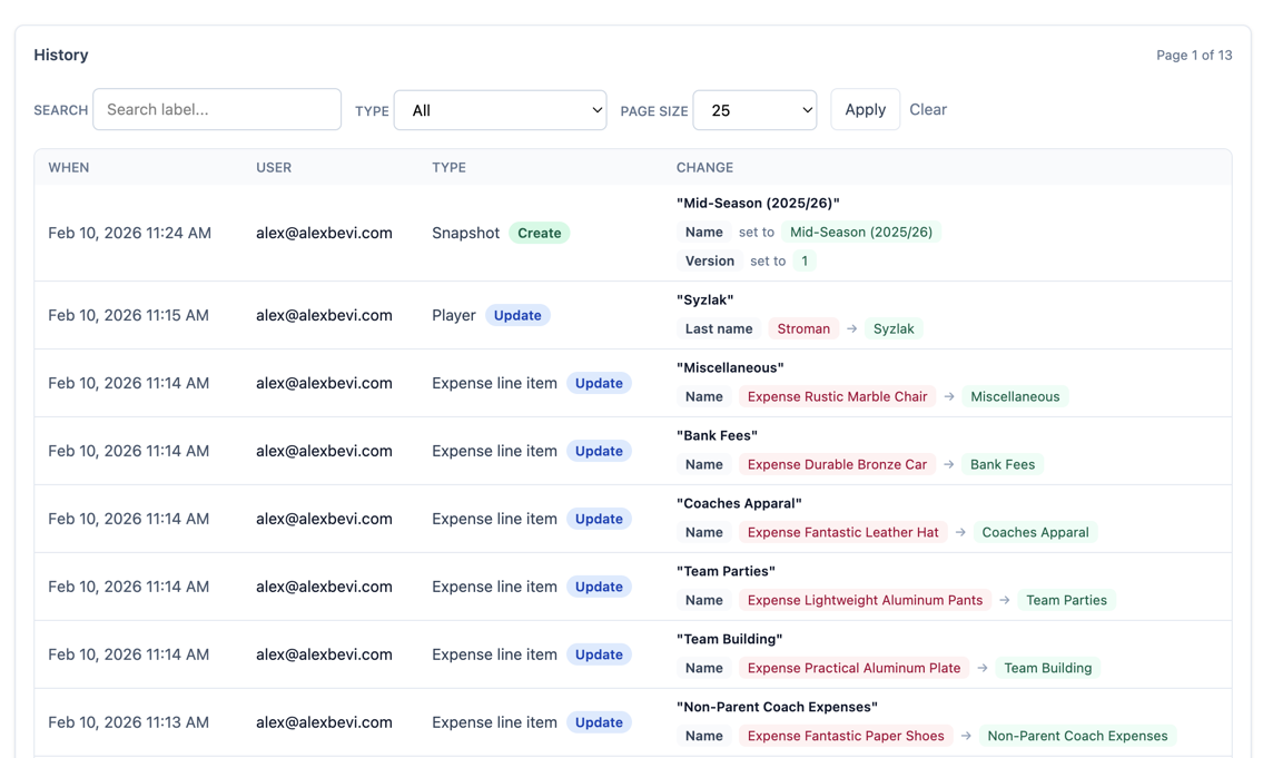 History view with action pills and before after change details