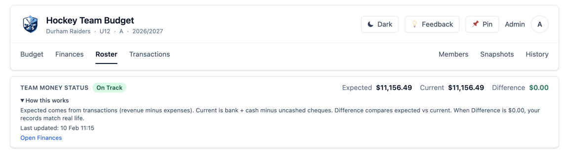 Team money status strip with expected current and difference values